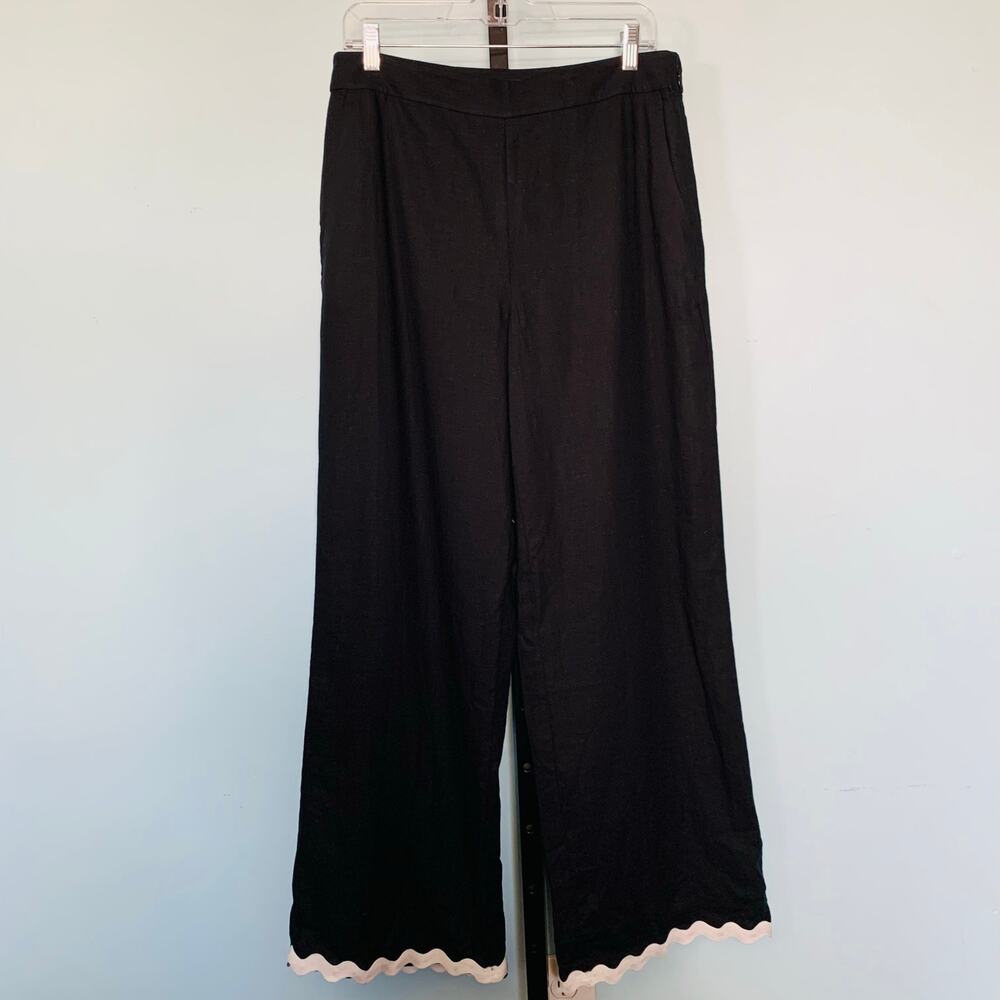 NWT Ann Taylor Linen Wide Leg Pants With Ricrac Scalloped Hem In Black Size 8 - Picture 3 of 10